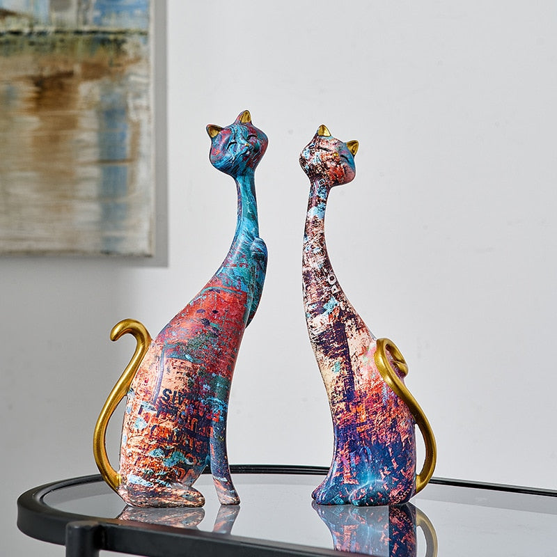 Nordic Art Oil Painting Cat Decoration Figurine - Resin Abstract Sculpture Home Ornament Decor